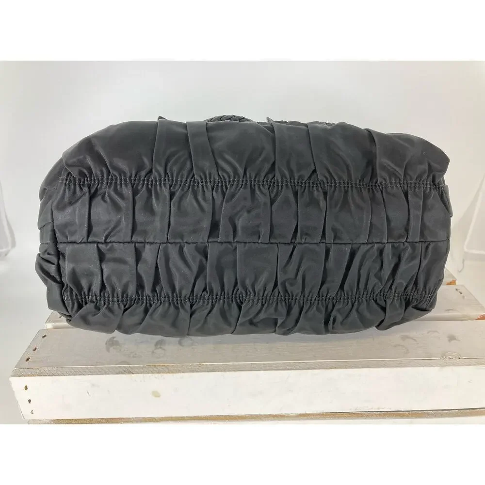 PRADA LARGE BLACK NYLON HANDBAG WITH BRAIDED LEATHER HANDLES - Picture 9 of 16